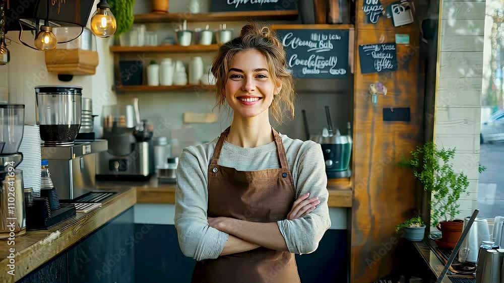 Cheerful woman waitress in cozy cafe, wearing apron and smiling warmly, creates inviting atmosphere with coffee machines and charming wooden decor. Cheerful woman waitress in cozy cafe, wearing apron and smiling warmly, creates inviting atmosphere with coffee machines and charming wooden decor.