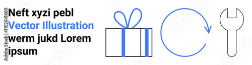 Gift box, refresh circle, and wrench icons next to text. Ideal for customer service, rewards, maintenance, updates, reliability technical support and web design. Landing page