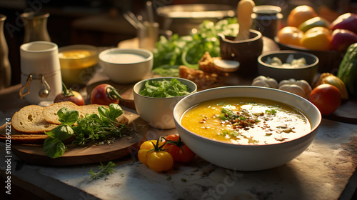 various soups in bowls