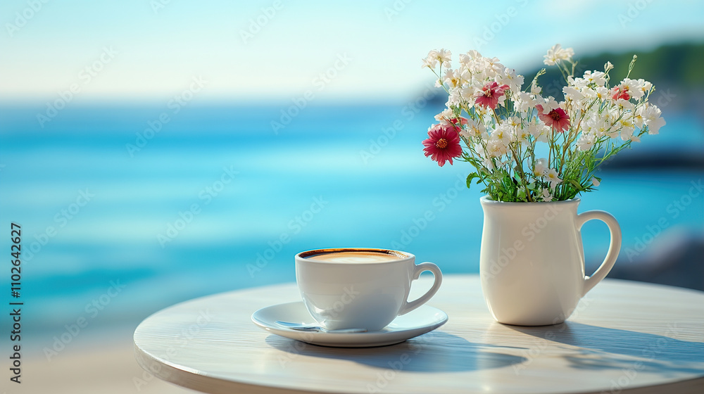 A cup of coffee and flowers in a vase on a table against a blue sea background at a summer beach cafe A cup of coffee and flowers in a vase on a table against a blue sea background at a summer beach cafe