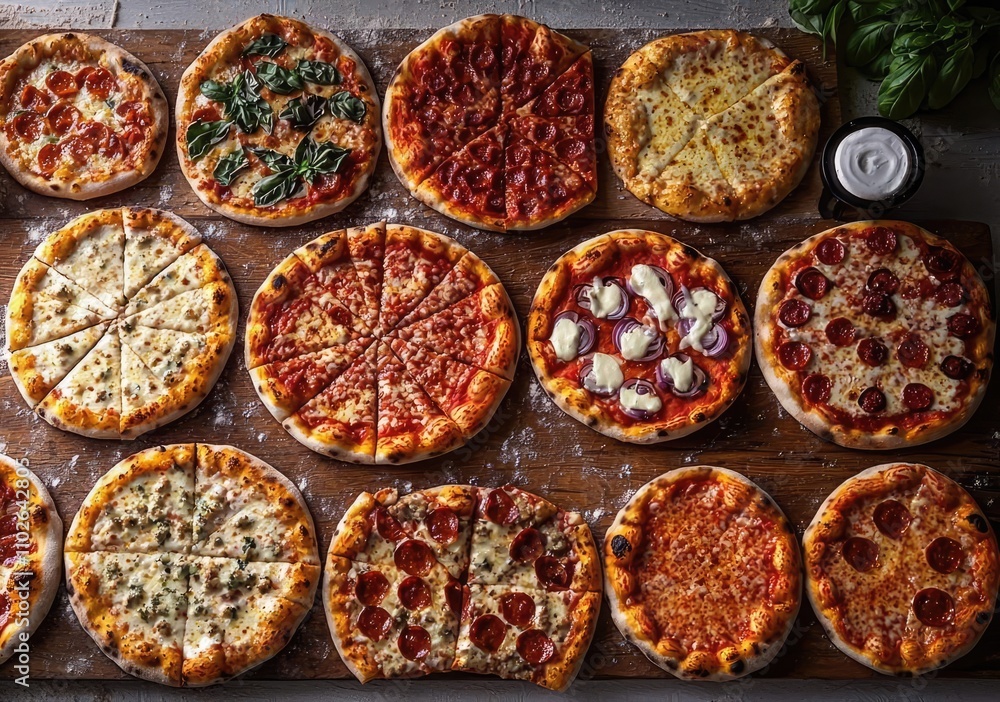 Delicious assortment of pizza on wooden board with sauces. Delicious assortment of pizza on wooden board with sauces.