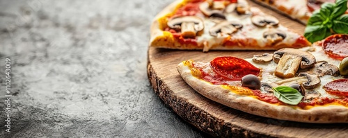 Delicious pizza slice on wooden board, topped with pepperoni and mushrooms.