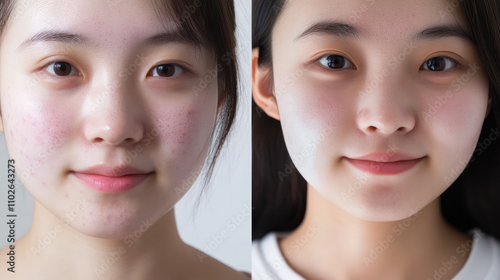 Close-up before and after photos Showing a front view of a young Chinese woman. Close-up before and after photos Showing a front view of a young Chinese woman.