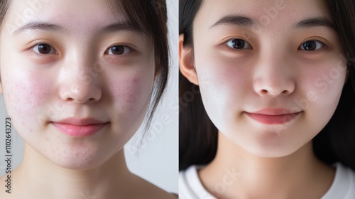 Close-up before and after photos Showing a front view of a young Chinese woman.