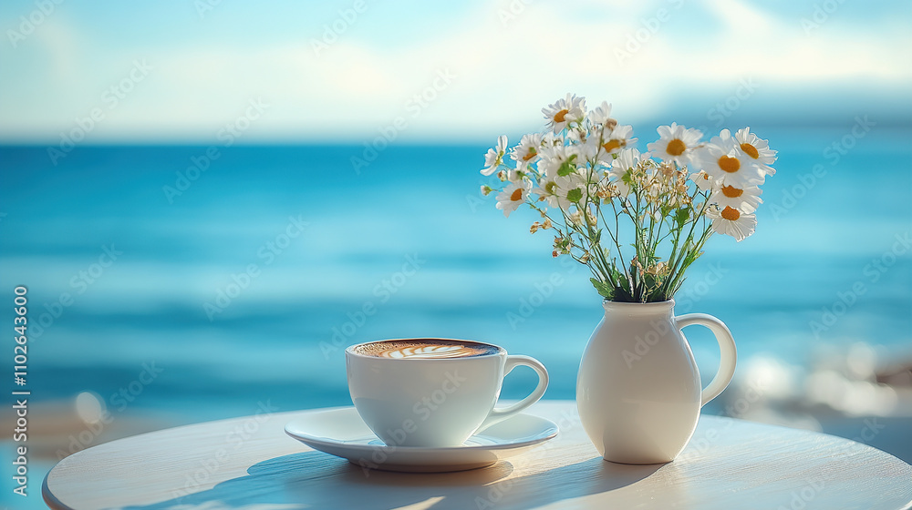 A cup of coffee and flowers in a vase on a table against a blue sea background at a summer beach cafe A cup of coffee and flowers in a vase on a table against a blue sea background at a summer beach cafe