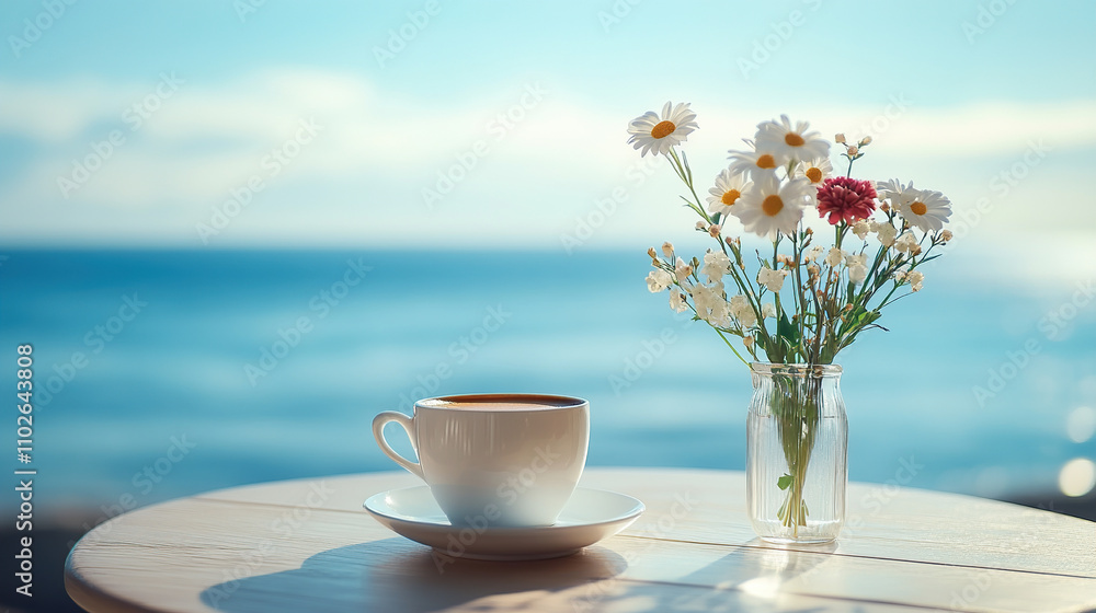 A cup of coffee and flowers in a vase on a table against a blue sea background at a summer beach cafe A cup of coffee and flowers in a vase on a table against a blue sea background at a summer beach cafe