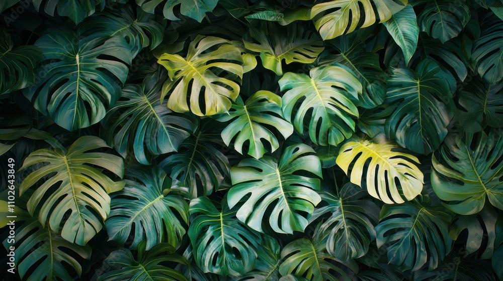 A feature wall covered in a bold, tropical monstera leaf pattern, adding vibrant greenery to the room A feature wall covered in a bold, tropical monstera leaf pattern, adding vibrant greenery to the room