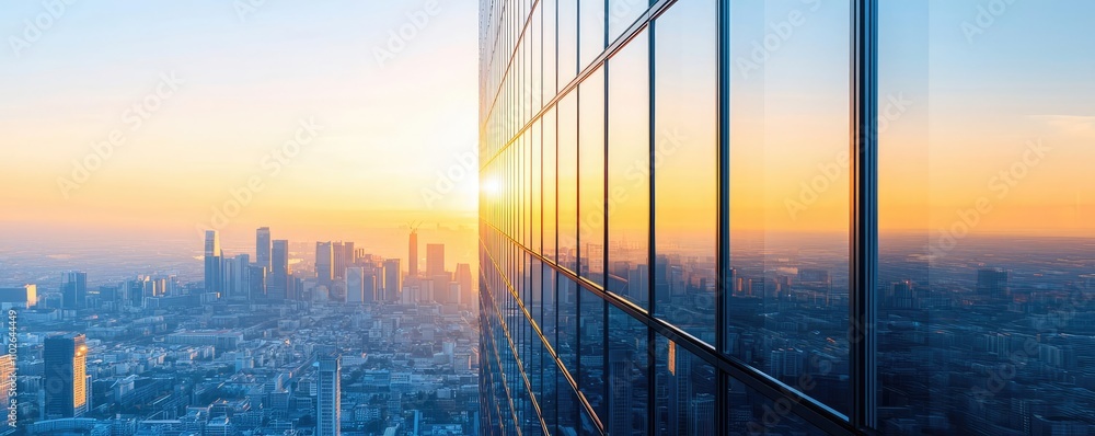 Fototapeta premium Modern skyscraper reflecting sunset with city skyline in background.