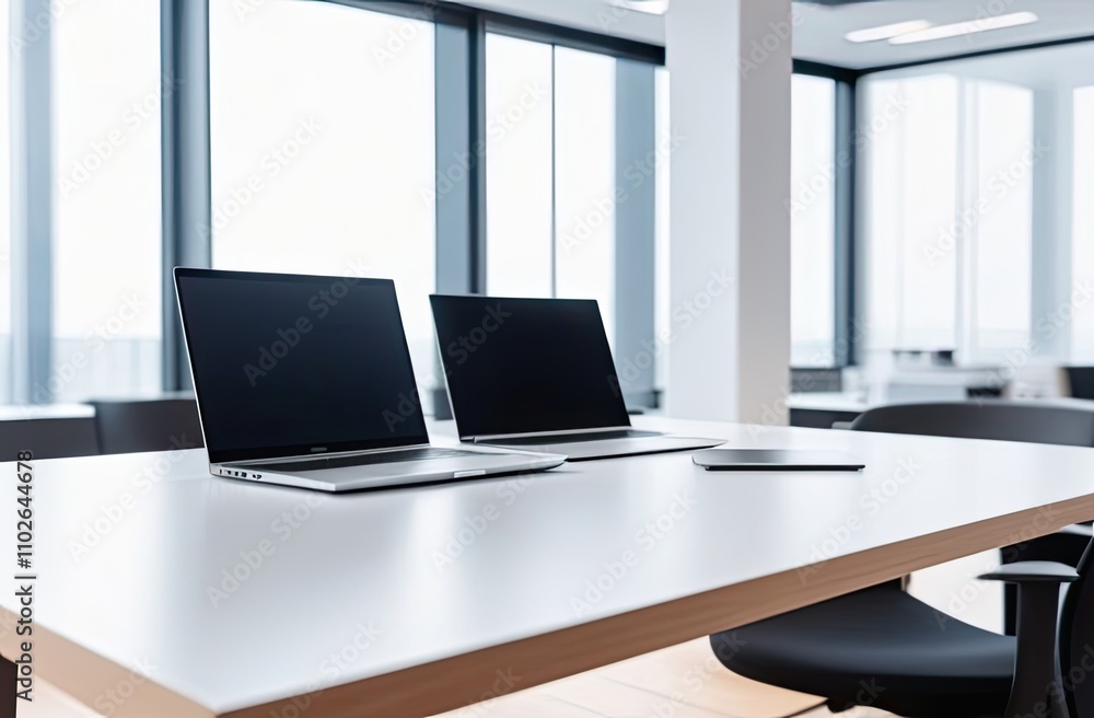 custom made wallpaper toronto digitalA bright and modern office workspace featuring two open laptops on a sleek white table, set against large windows letting in natural light, emphasizing collaboration and technology