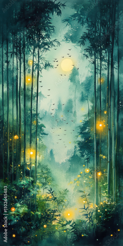 Naklejka premium Japanese art style. A mystical forest scene illuminated by glowing lights, surrounded by tall trees and a serene atmosphere.