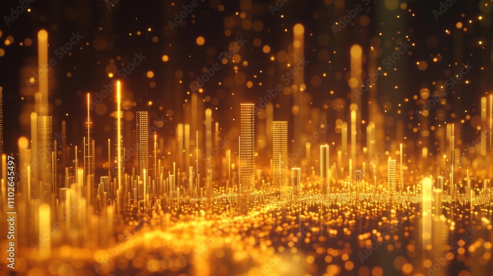 Obraz premium A golden digital skyline formed from glowing blocks, symbolizing financial growth and technological advancement. Represents modern cities of the future. AI generated.