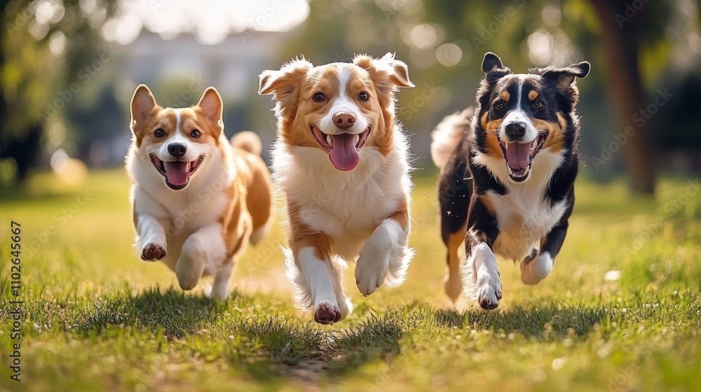 Happy Dogs Running Joyfully in Green Park on Sunny Day Happy Dogs Running Joyfully in Green Park on Sunny Day