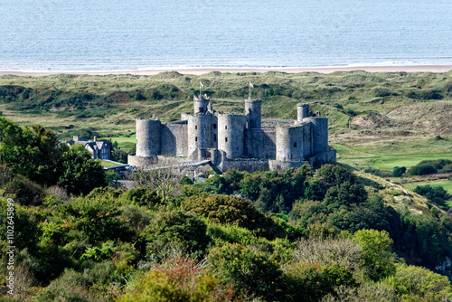 Harlech Castle, Gwynedd, west Wales. Mediaeval fortress built by Edward I in late 13th C. View SW to Ceredigion Bay photo