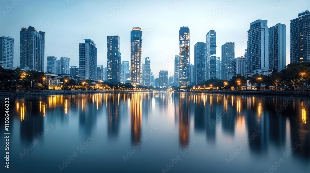 Fototapeta premium City skyline at dusk reflecting on calm water, serene urban landscape with glowing lights.