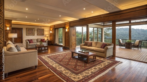 Stylish lodging showcasing hardwood floors intricate rugs and cozy seating areas for relaxation.