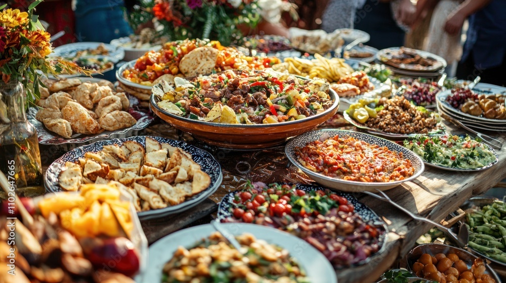 A giant plate of colorful and extravagant food spread out on a table at a festive gathering. A giant plate of colorful and extravagant food spread out on a table at a festive gathering.