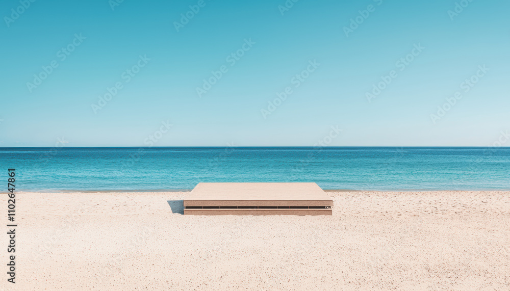 A serene beach scene featuring a minimalist platform on soft sand, with clear blue skies and calm ocean waters in the background. A serene beach scene featuring a minimalist platform on soft sand, with clear blue skies and calm ocean waters in the background.