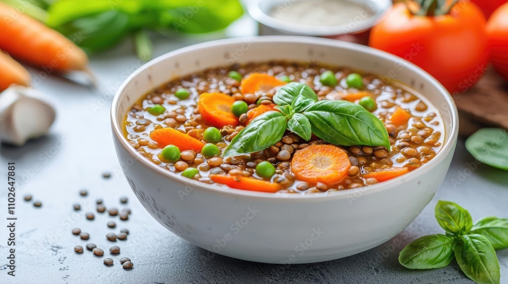 Bowl of lentil soup with carrots, peas, and fresh basil on a gray surface. Bowl of lentil soup with carrots, peas, and fresh basil on a gray surface.