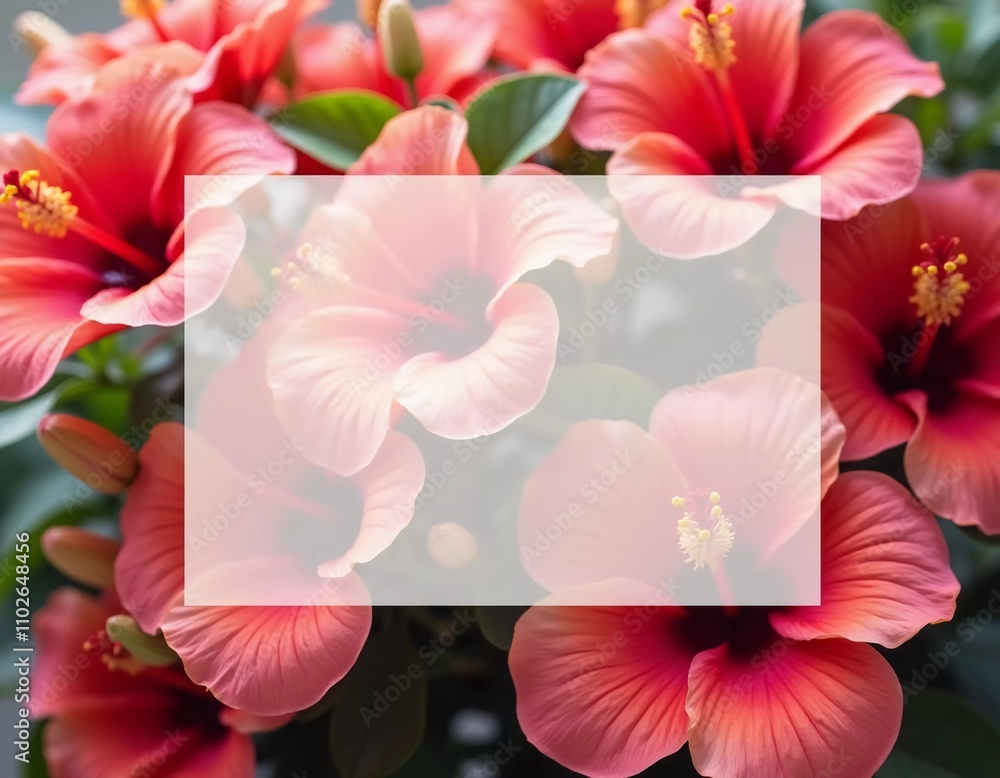 Obraz premium Vibrant hibiscus flowers bloom and soft translucent background for text, enhancing the natural beauty. The soft light adds a peaceful ambiance to the tropical setting. Background for tea packaging. AI