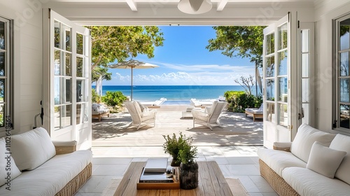 Modern beach coastal veranda porch french door entrance chic white paint natural Hamptons luxury farmhouse entrance patio house cottage vibes contemporary Cape Cod summer home outdoor living  photo