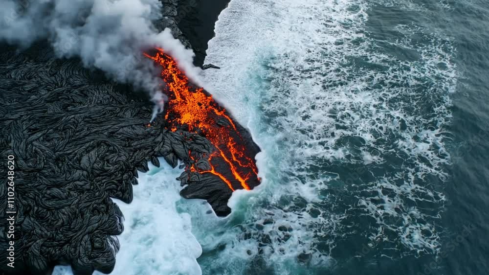 Aerial view of lava flowing into the ocean, creating steam and contrasting with the shoreline. Aerial view of lava flowing into the ocean, creating steam and contrasting with the shoreline.
