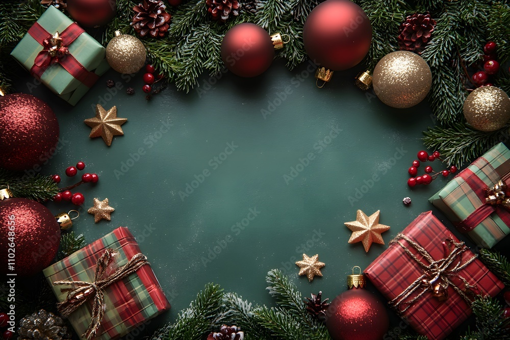 Christmas Eve concept. Top view photo of gift boxes with ribbon bows green red baubles gold star ornaments and pine branches on isolated green background with copy space in the middle Christmas Eve concept. Top view photo of gift boxes with ribbon bows green red baubles gold star ornaments and pine branches on isolated green background with copy space in the middle
