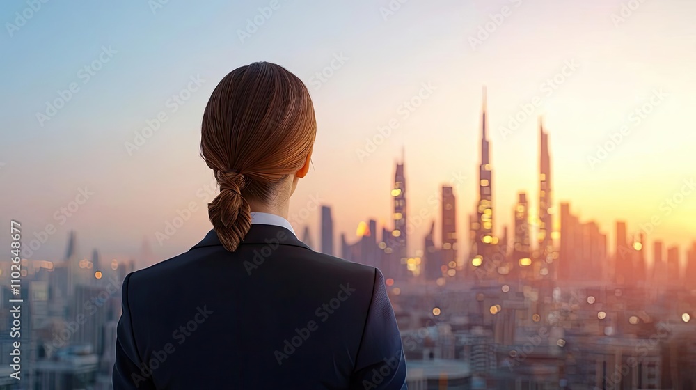 Businesswoman observing city skyline at sunset, planning future opportunities. Businesswoman observing city skyline at sunset, planning future opportunities.
