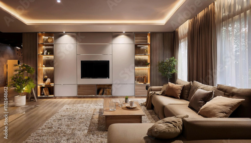 Modern Living Room with Innovative Modular Wall Unit Designs – 3D Mockup