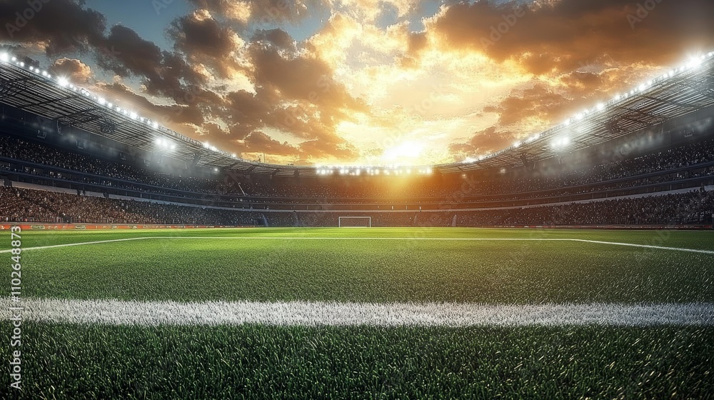 Soccer Stadium Sunset View with Spectators and Green Grass Field Soccer Stadium Sunset View with Spectators and Green Grass Field