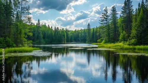 Scenic lake in a lush forest. Nature, tranquility, and serenity.