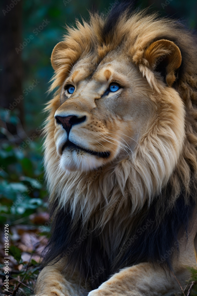 An elegant male lion with blue eyes, looks so strong and dominant An elegant male lion with blue eyes, looks so strong and dominant