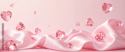 Pink crystal hearts on silky fabric background