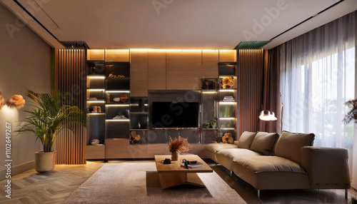Modern Living Room with Innovative Modular Wall Unit Designs – 3D Mockup
