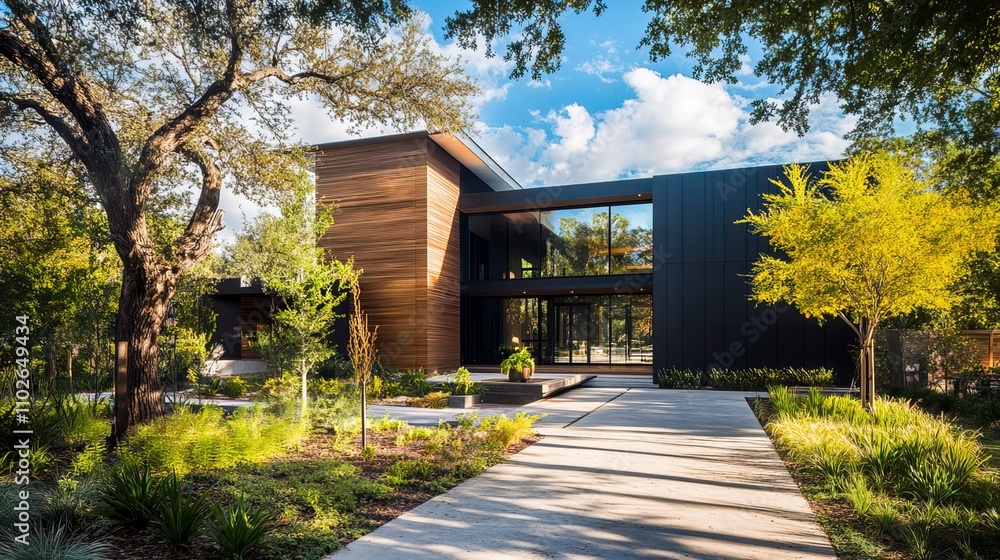 Luxurious modern cubic house with wooden cladding and black panel walls, front yard landscaping 