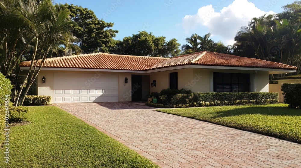 new one story home with a tile roof and a brick paver driveway new one story home with a tile roof and a brick paver driveway