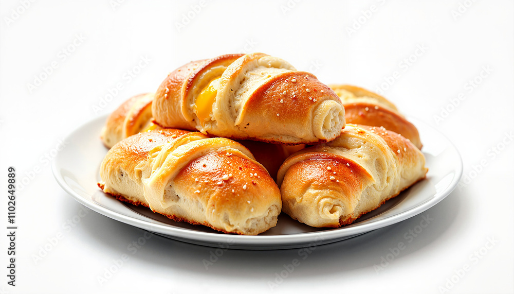 Golden crescent rolls with cheese filling on white plate Golden crescent rolls with cheese filling on white plate