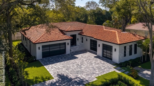 Wallpaper Mural new one story home with a tile roof and a brick paver driveway Torontodigital.ca