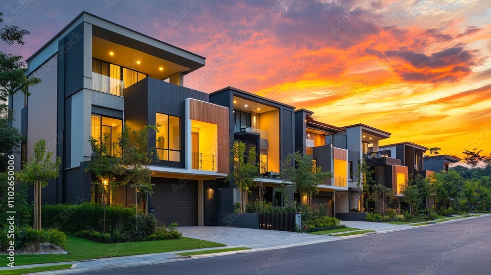 Fototapeta premium Modern residential houses in a row with distinct colors and landscaping during dusk 