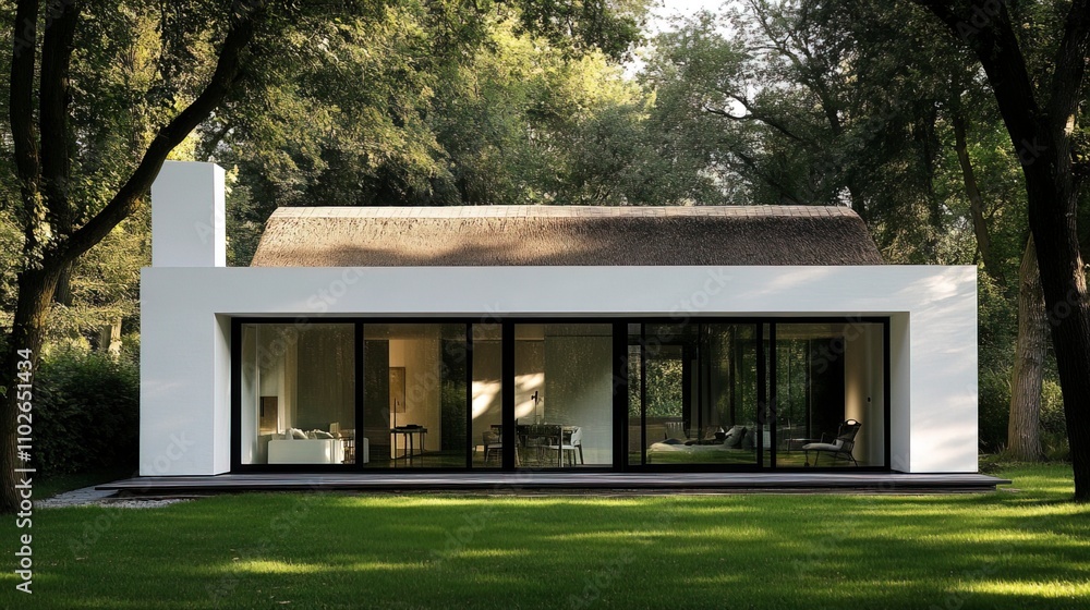 A white house with black windows and a thatched roof, in the Dutch interior design. It has large glass walls on one side, set against green grass surrounded by trees. The front facade. A white house with black windows and a thatched roof, in the Dutch interior design. It has large glass walls on one side, set against green grass surrounded by trees. The front facade.