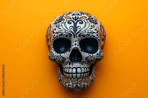 A decorative skull with intricate patterns on a vibrant orange background.