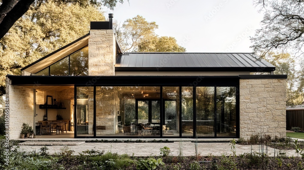 A beautiful, modern farmhouse in Austin, Texas, with large windows and lots of natural light. The house has tan stone exterior walls and black steel roof lines. A beautiful, modern farmhouse in Austin, Texas, with large windows and lots of natural light. The house has tan stone exterior walls and black steel roof lines.
