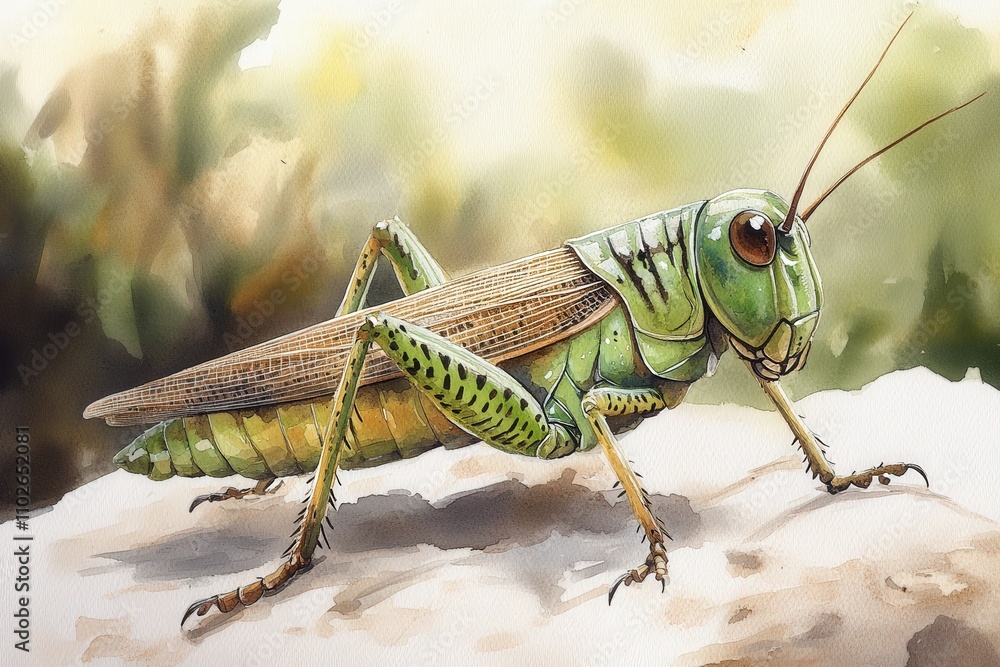 Fototapeta premium A detailed illustration of a green grasshopper on a natural background.