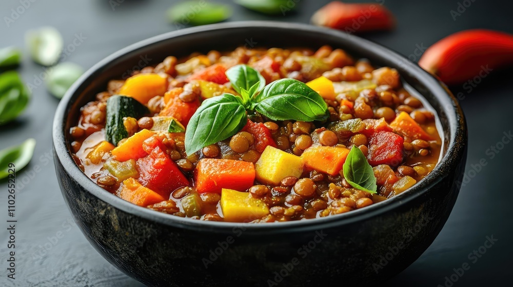 Delicious lentil soup in a black bowl garnished with fresh herbs. Delicious lentil soup in a black bowl garnished with fresh herbs.