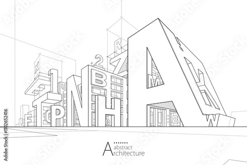 3D illustration of imaginative abstract modern urban architecture building line drawing design with alphabet letters.
