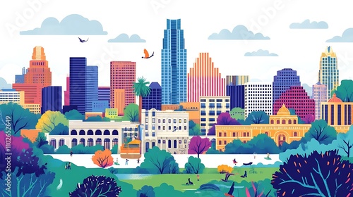Vibrant stylized cityscape of Austin, Texas, showcasing its skyline and Zilker Park.