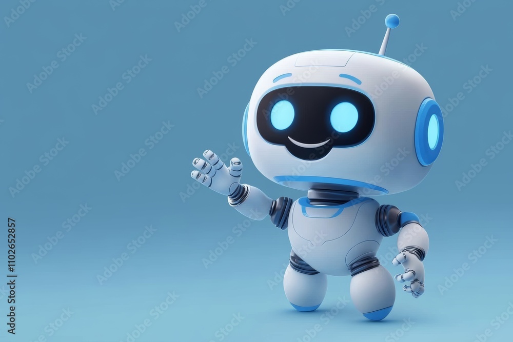 3D Rendered Cute White Robot with Blue Accents Cheerful Character Design 3D Rendered Cute White Robot with Blue Accents Cheerful Character Design