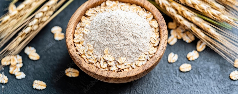 Oat flour in a wooden bowl with oats and wheat on a dark stone surface. Oat flour in a wooden bowl with oats and wheat on a dark stone surface.