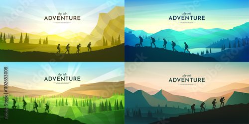 Vector illustration. Set of landscapes with a group of hikers climbing, equipped with backpacks and walking sticks. Concept of adventure, discovery, and exploring nature. Hiking trip wallpaper photo