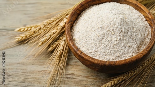 Bowl of flour on a wooden table with wheat stalks nearby, rustic kitchen setting.