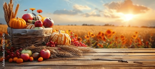 Autumn Harvest Celebration - Pumpkins and Corn in Basket with Scenic Field Background photo